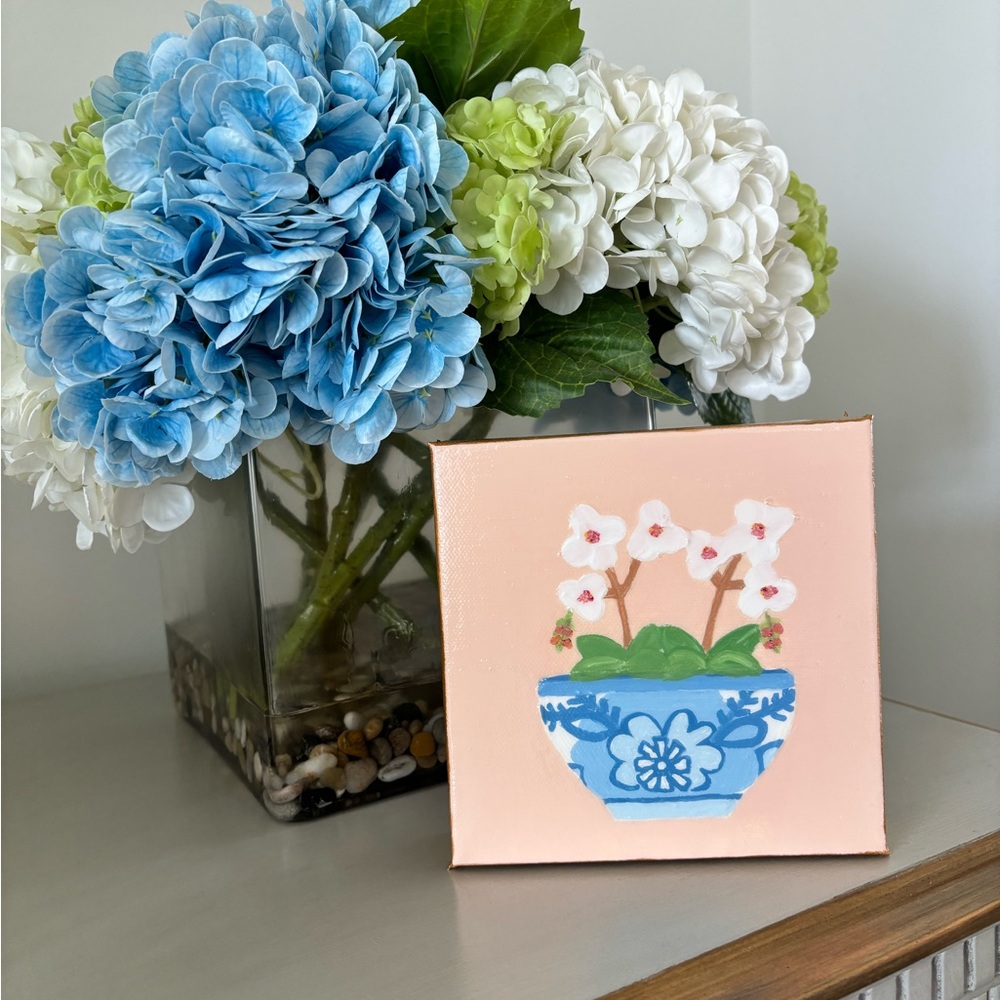 Hand-painted Acrylic Orchids in a Blue and White Chinoiserie Bowl BY ME!